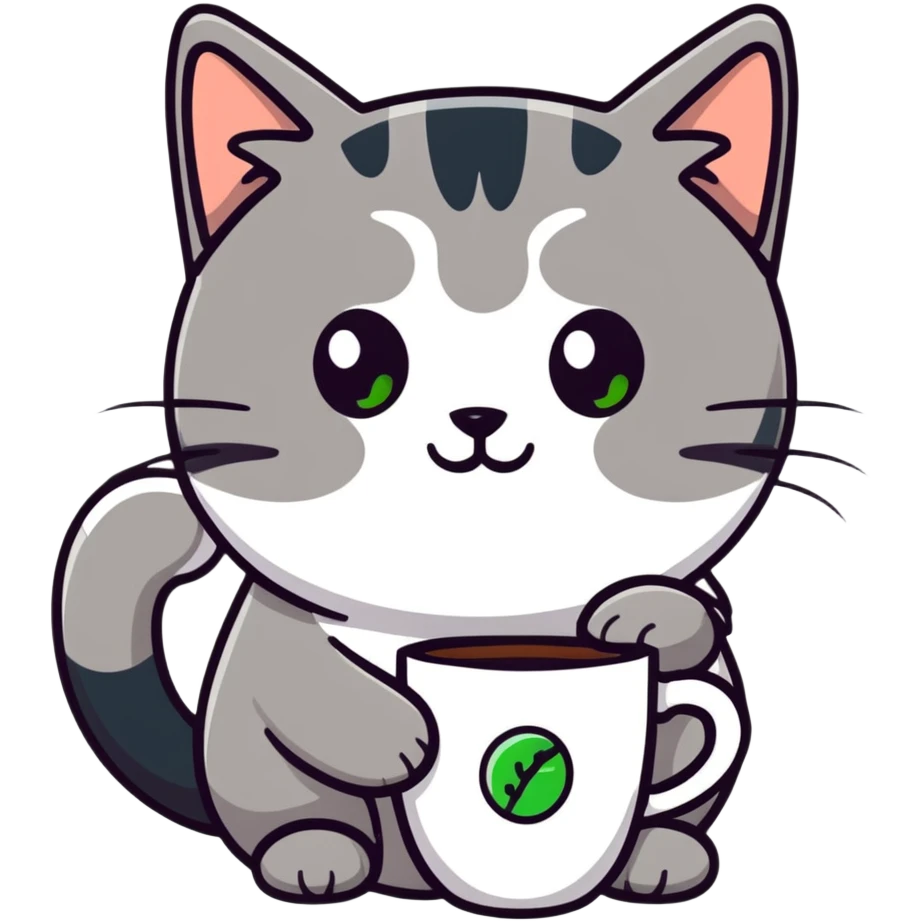 tricolor fluffy cat with big green eyes drinking a cup of coffee emoji