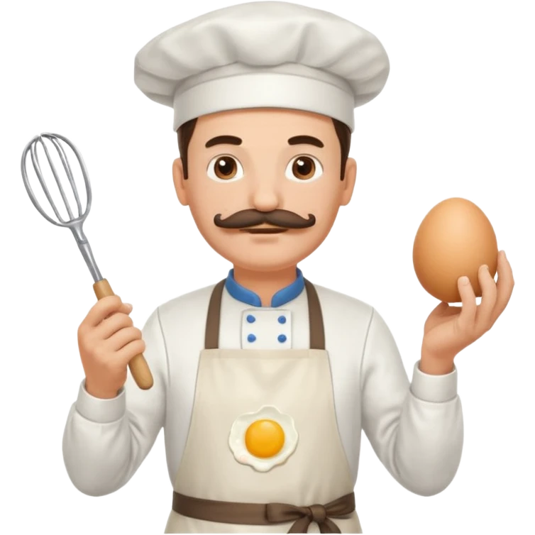 Middle aged male pastry chef - with a mustache, apron, white hat, and holding an egg beater in one hand emoji