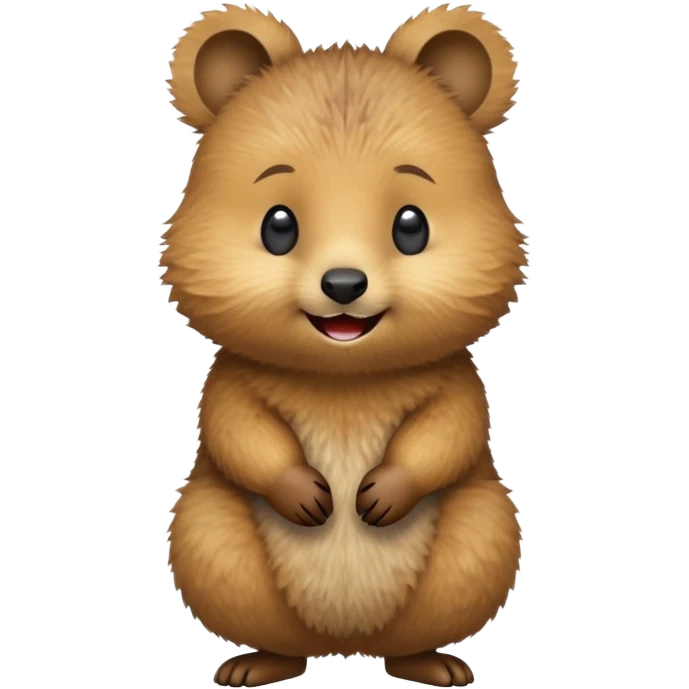cinematic-quokka-realistic-emoji -hunched-over-emoji,-small-round-frame-balanced-on-tiny-strong-hind-legs,giant-fluffy-cheeks-large-smile-fluffy-brown-fur-radiating-a-warm-softness,-big-round-eyes-filled-with-joy, realistic emoji emoji