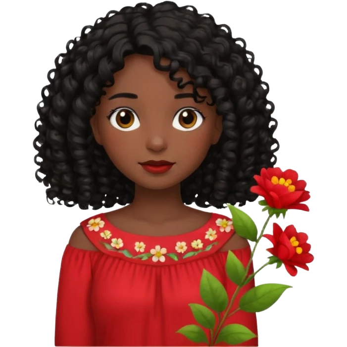 A girl with shoulder-length curly hair, dark skin, and black hair is wearing a red blouse with flowers. emoji