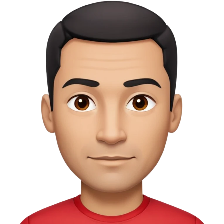 Robust athletic man in his 40s with light brown skin tone, very short black hair with modern fade haircut, strong square face with pronounced cheekbones, thick eyebrows, wide nose, medium lips with friendly smile, wearing red fitted athletic shirt emoji