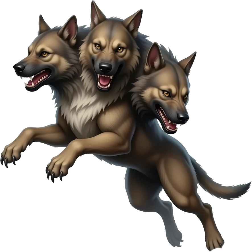 cinematic - cerberus, a three-headed creepy hellhound in a jump, in a smoke emoji