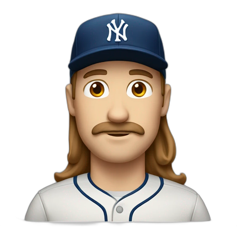white man with brown long hair and ny baseball cap and mustache emoji