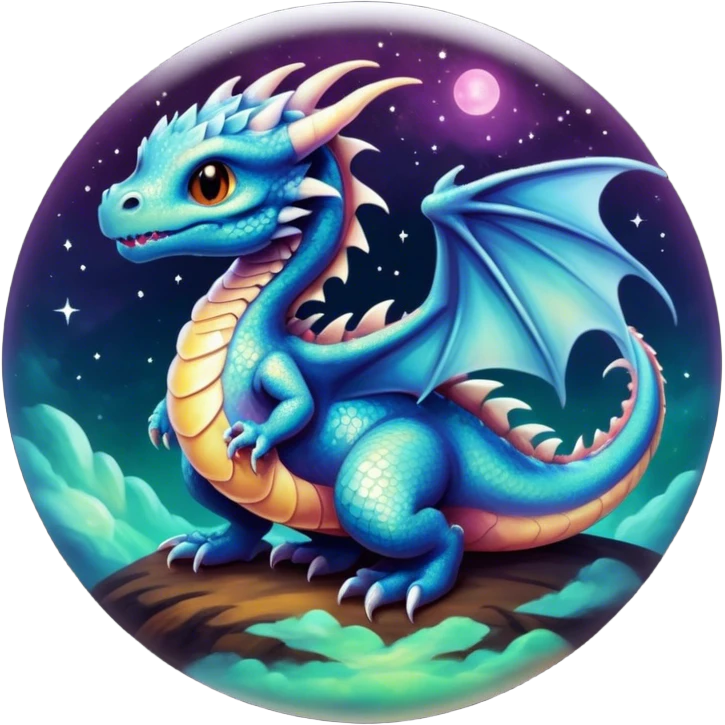 A round bezeled button with an Airbrush painted image of a dragon hatchling under a deep galactic sky with pearlescent scales and wings spread against the stars emoji