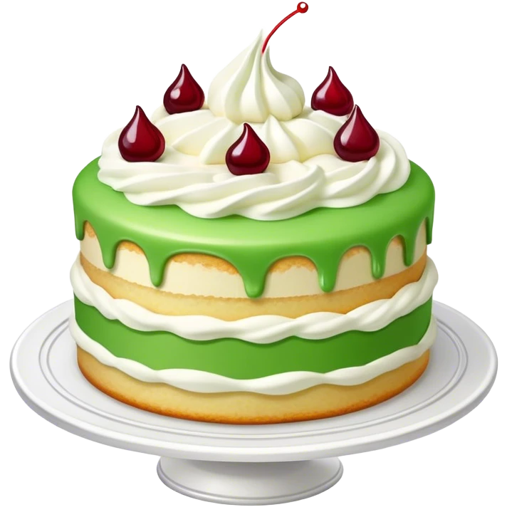 cake with green marzipan on top, Whipped cream, vanilla cream and jam inside emoji