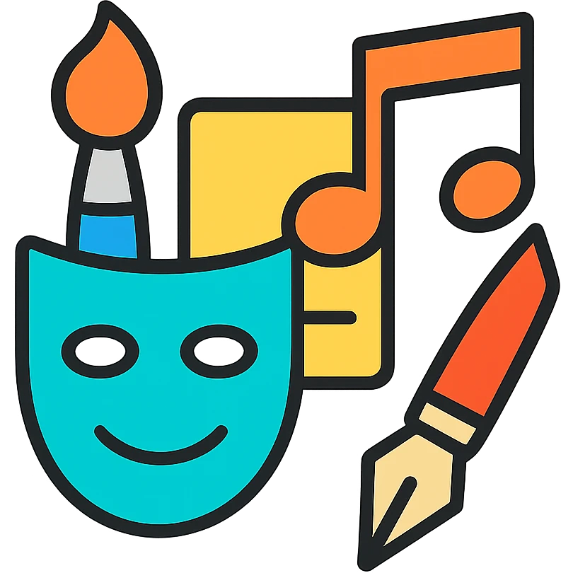 Geometric shape with layered icons: brush, mask, note, and pen – artistry in all forms emoji