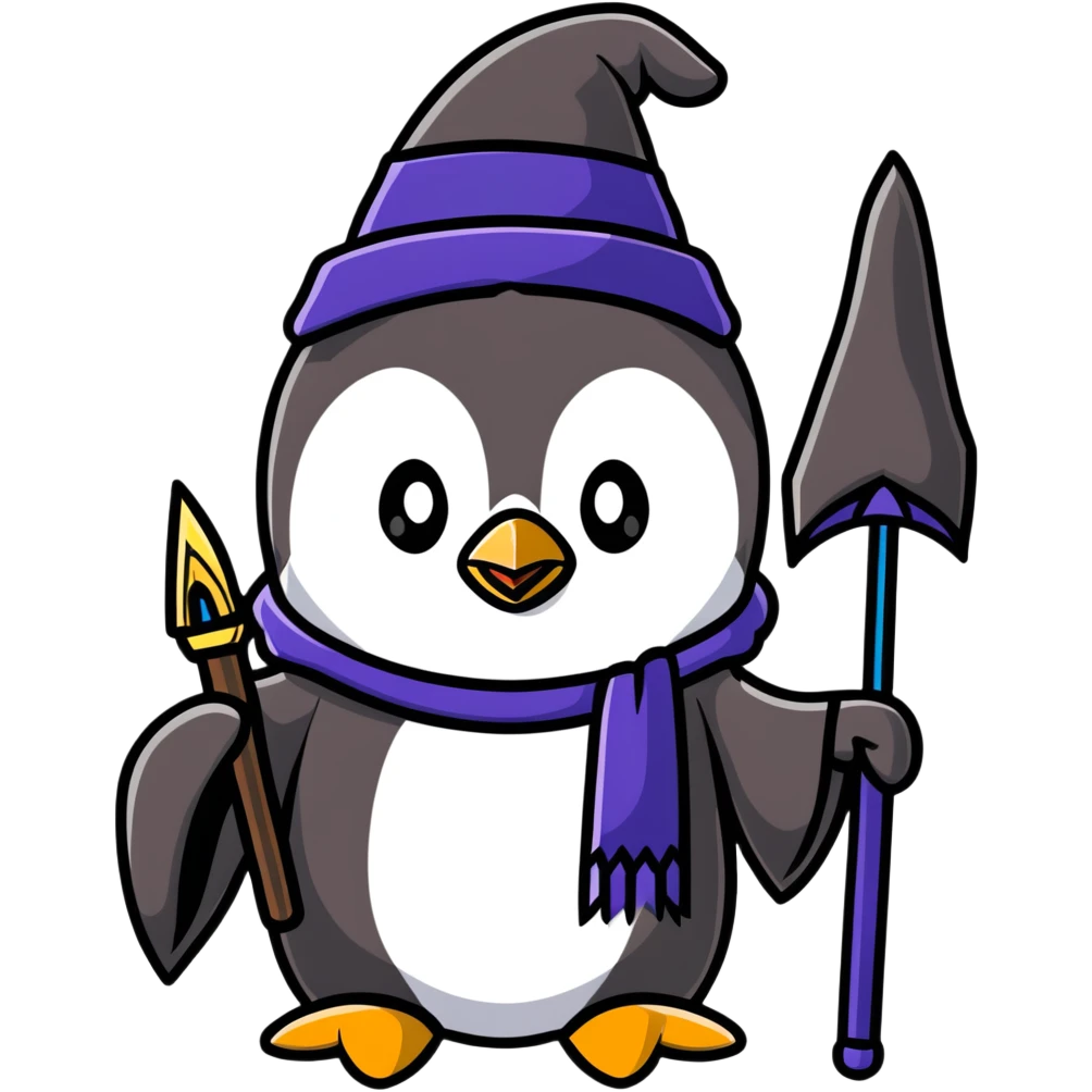 penguin with wizard hat and robe, holding a magic staff, magical emoji