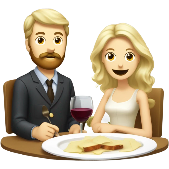 Repas raclette et deux verres de vin blanc en couple, femme blonde cheveux aux-dessus des épaules homme petite barbe et moustache grisonnantes et cheveux bruns grisonnant  emoji