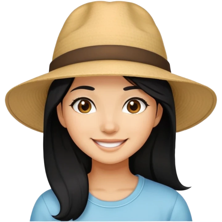 girl with black hair, wear hat, smyle emoji