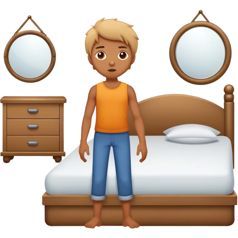 A person stands beside their bed, rolling out groggily with determination. The bed behind them is neatly made, a mirror in front of them . A glowing sunrise outside signals the start of a productive day. emoji