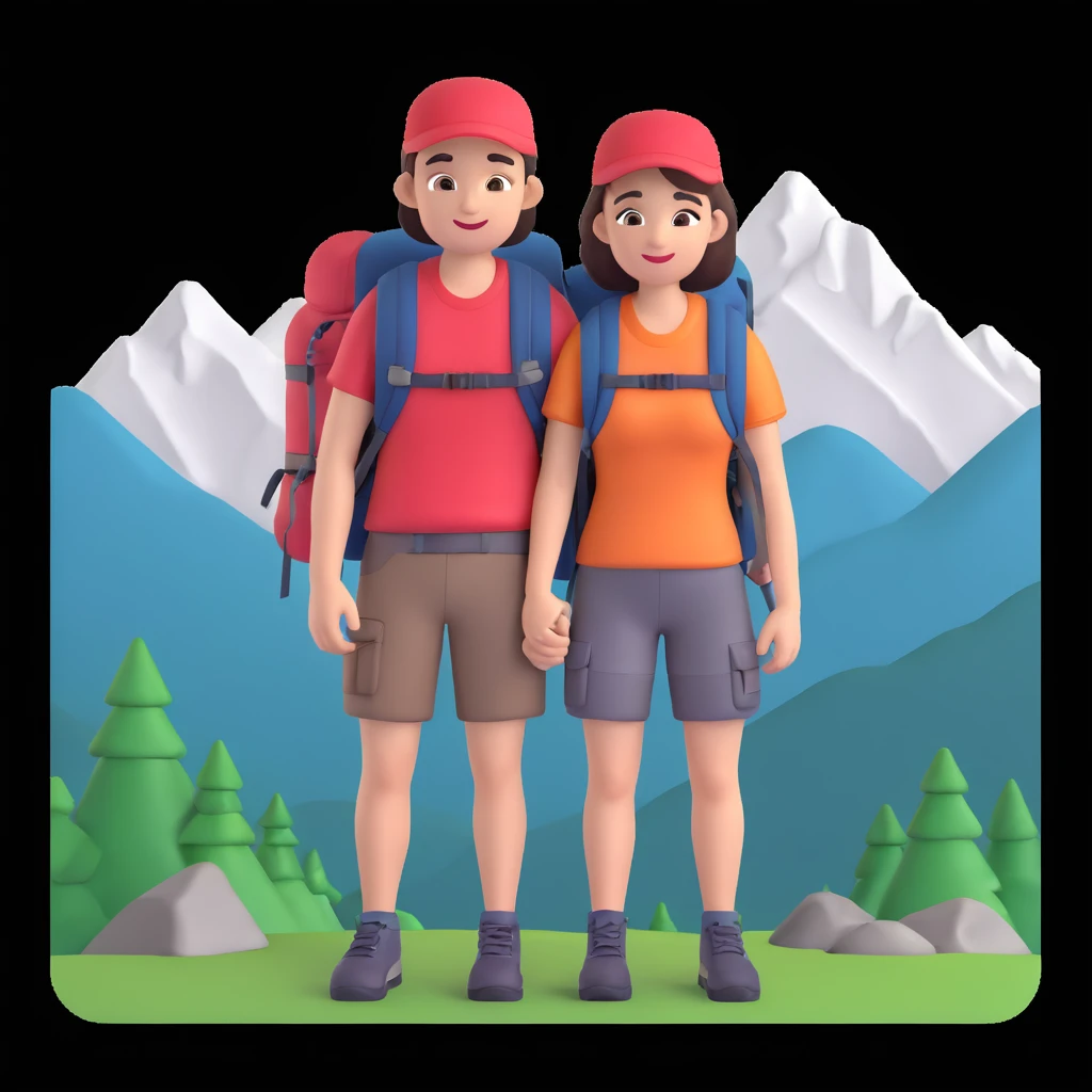 back packer couple posing, mountains in background,   close up pose emoji
