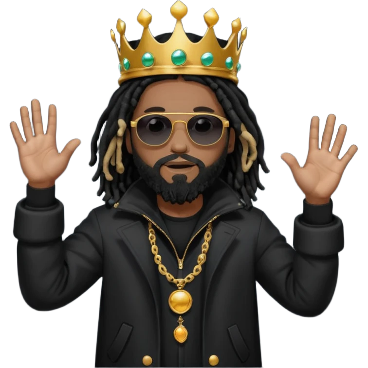 African American man with shoulder length black dreadlocks with black beard wearing  dark black sunglasses with a black bubble winter coat wearing a crown with hands out emoji