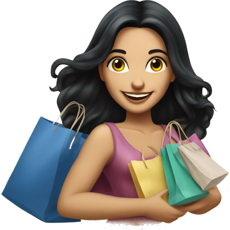 Tanned beautiful italian woman with long black hair smiling and holding bags shopping, luxury realism emoji