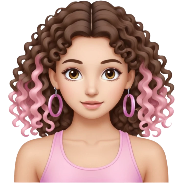 cute balayage brunette long hair curly/wavy haired girl, hoop earrings, clean girl makeup DOING pilates EXERCISE with a cute pastel pink set emoji