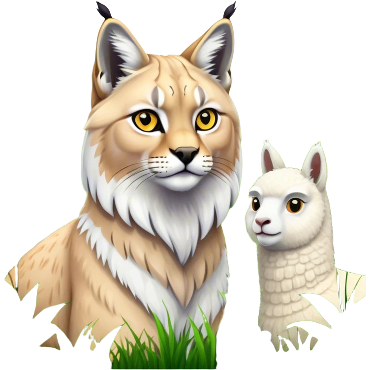 Collage of exotic animals: a lynx with striking eyes, and a fluffy alpaca standing in a lush meadow. The lynx gazes intently while the alpaca looks calm and curious. Surrounded by vibrant plants and flowers. Transparent background for a lively, colorful scene. emoji