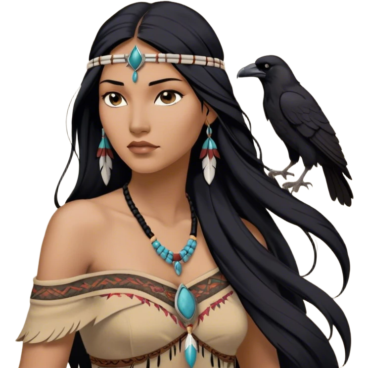 Cinematic Realistic Pocahontas Portrait, depicted with lifelike skin texture, soft natural lighting, and intricately detailed long, flowing raven-black hair that moves gracefully in the wind. Her deep, soulful dark brown eyes exude wisdom and strength, complemented by a serene yet powerful expression. She is dressed in her classic one-shoulder native american dress, with rich fabric textures and delicate beaded details that catch the light beautifully. The portrait features a soft, sun-kissed glow with a natural, radiant finish, capturing the essence of untamed beauty and deep connection to nature in a realistic and painterly style, evoking a sense of depth and authenticity. emoji