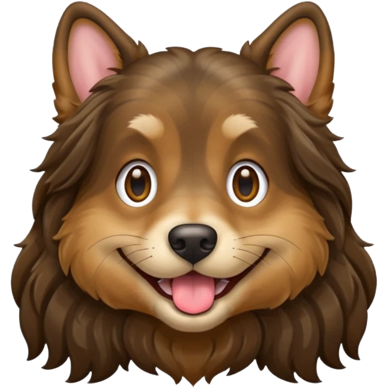 dog face with a long-haired brown and black brindle coat and light brownish gold eyes smiling with tongue hanging slightly out. emoji
