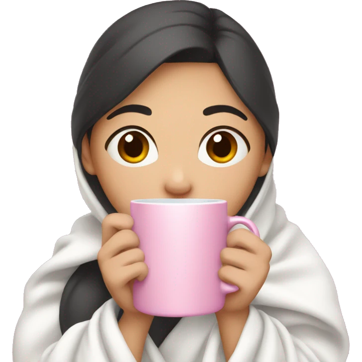 Asian girl with dark hair wearing a white blanket and holding a pink mug emoji