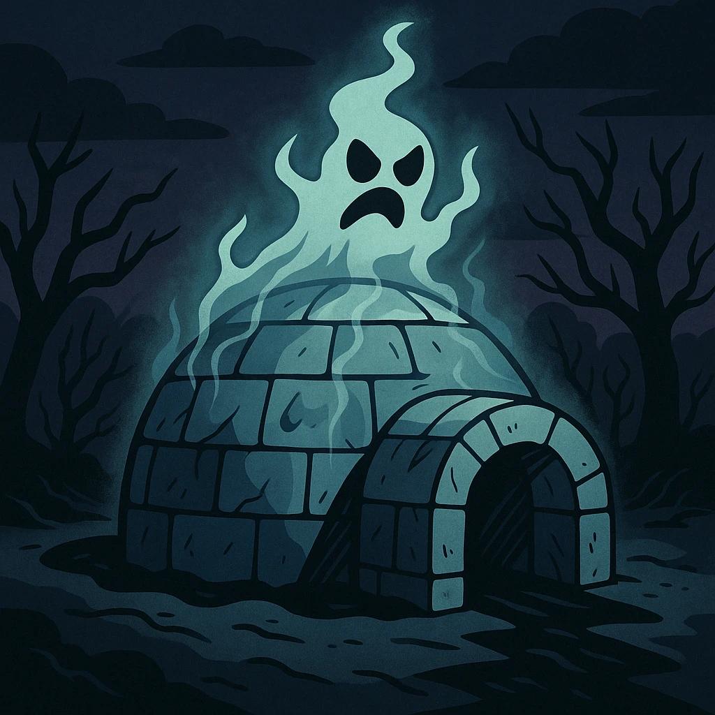 a haunted igloo with a ghostly aura and eerie shadows, dark cartoon style, spooky and mysterious emoji