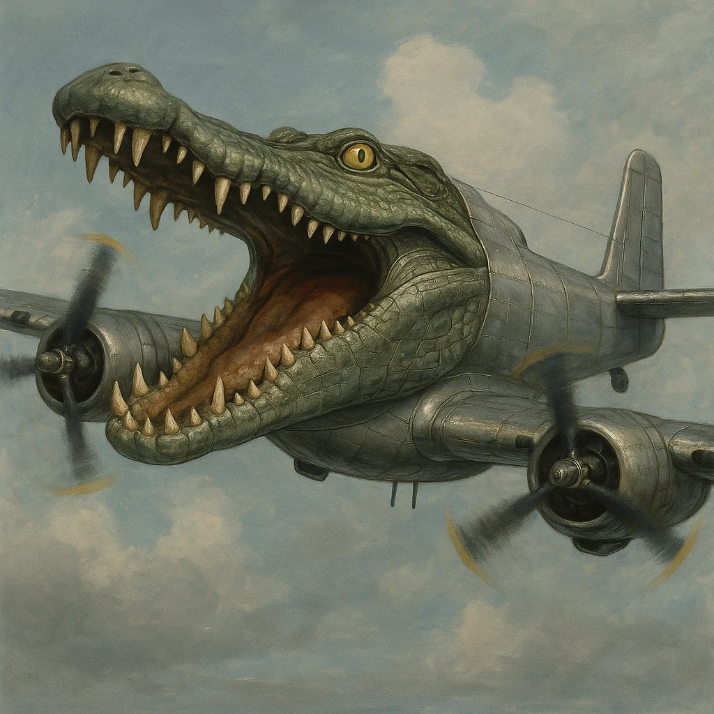 WWII bomber plane with a crocodile head replacing the cockpit mouth wide open and teeth bared metallic textures wings and propellers absurd meme-inspired reflecting Italian Brainrot humor emoji