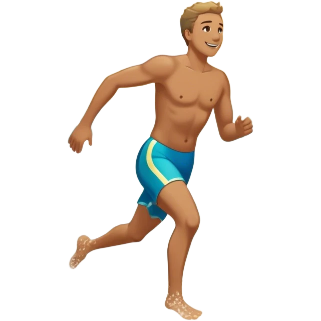 A white man running into the ocean, paisaje embracing the waves and the moment. The sun shines warmly, and the water sparkles, symbolizing the joy of creating fun and appreciating life’s simple moments. Their footprints in the sand fade as they fully immerse themselves in the present. emoji