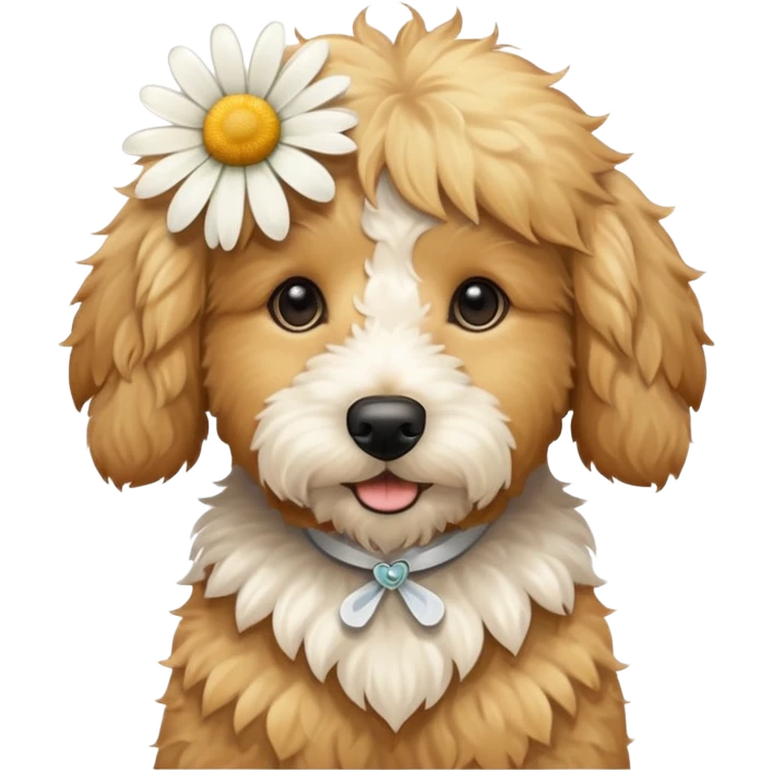 Light golden doodle dog with a daisy emoji