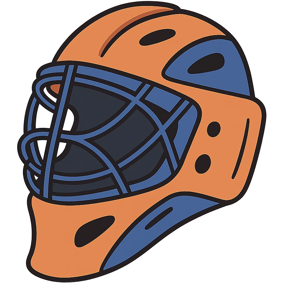 field hockey goalie helmet, orange base with royal blue accents, clean and clear, matching previous stick style, minimal and flat illustration style emoji