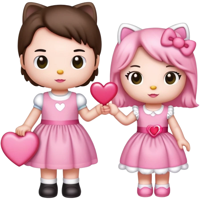 Hello kitty wearing a pink dress and dear Daniel holding a pink heart emoji