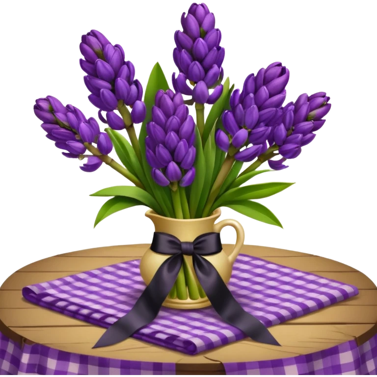 A lush bouquet of bright prple color Hyacinths black satin ribbon, resting on an antique wooden table, with a pale yellow and pink plaid pattern table cloth emoji
