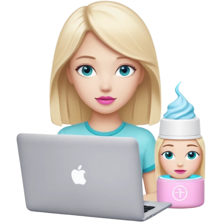 blonde long hair girl using macbook emoji. she has blue eyes and there is tatcha longevity cream (teal colour) and Summer fridays lip balm (pink sugar) in front of the laptop emoji