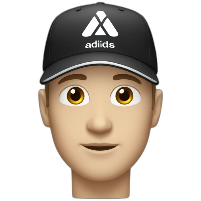 white man with a black adidas cap that has a white logo emoji