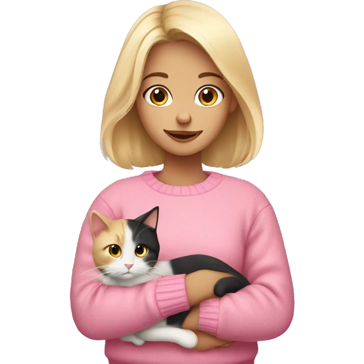 Blonde girl with a pink sweater holding a calico cat emoji