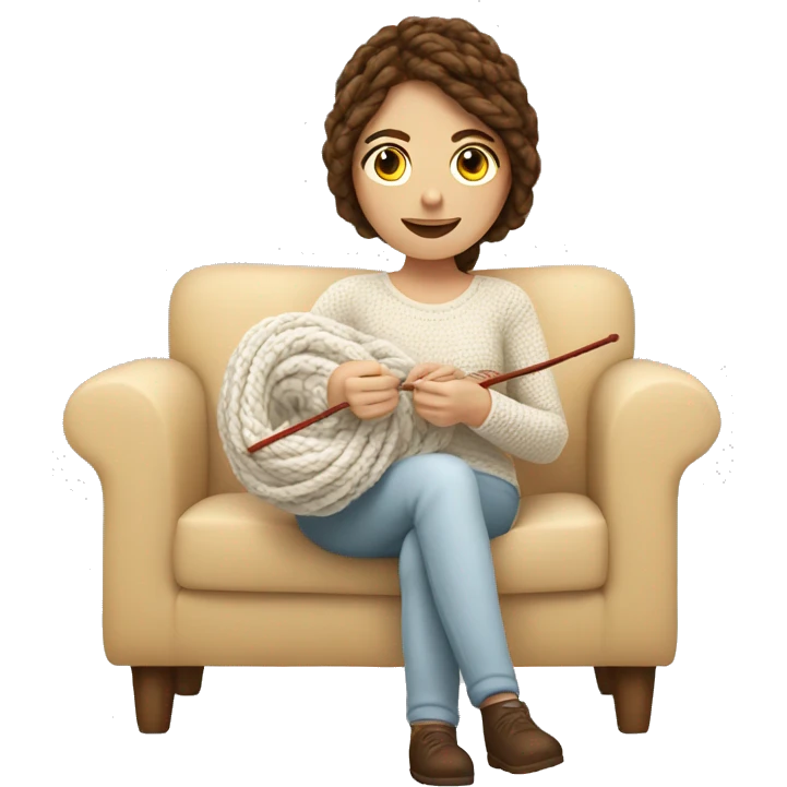 White woman with brown hair, doing crochet on sofa with white yarn emoji