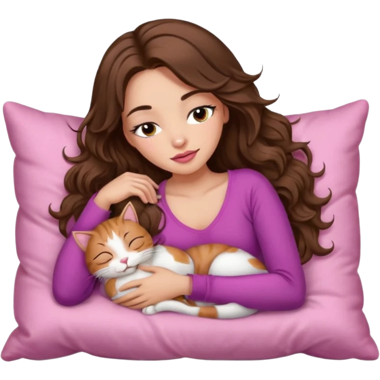 girl with long wavy brown hair, brown eyes, long lashes makeup, sexy pink lips, light to medium complexion,  sleeping on a cozy pillow, with 6 cats, sleeping emoji