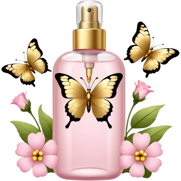 Light pink body mist bottle with gold butterflies and flowers   emoji
