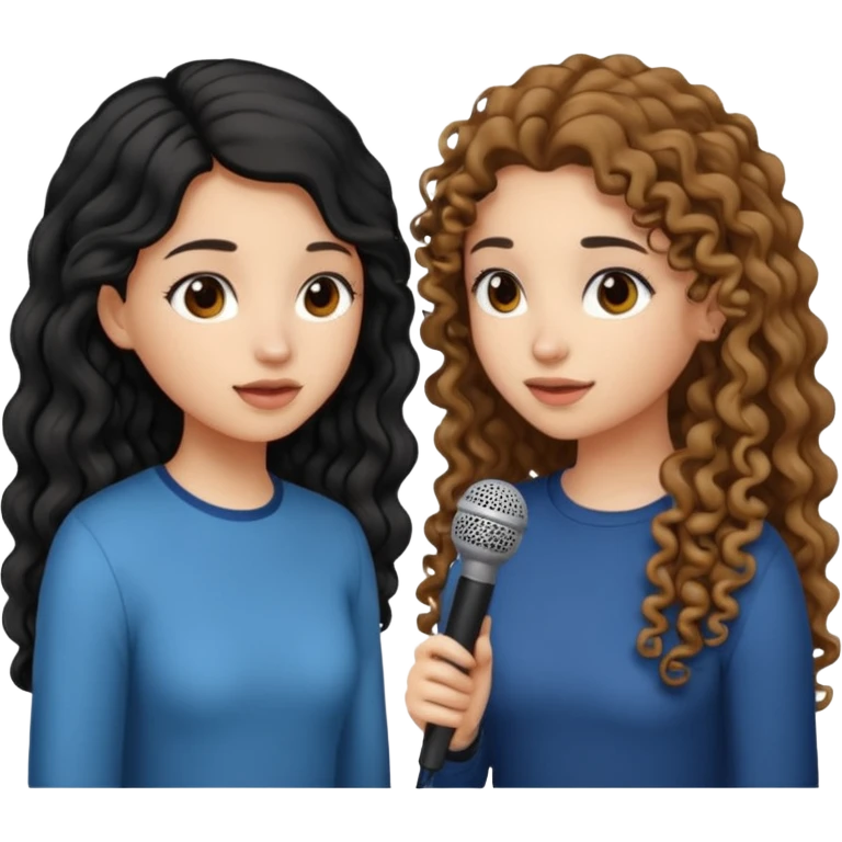two girls, one girl have a long curly brown hair and the other have a straight black hair, they face to face practice speaking  emoji