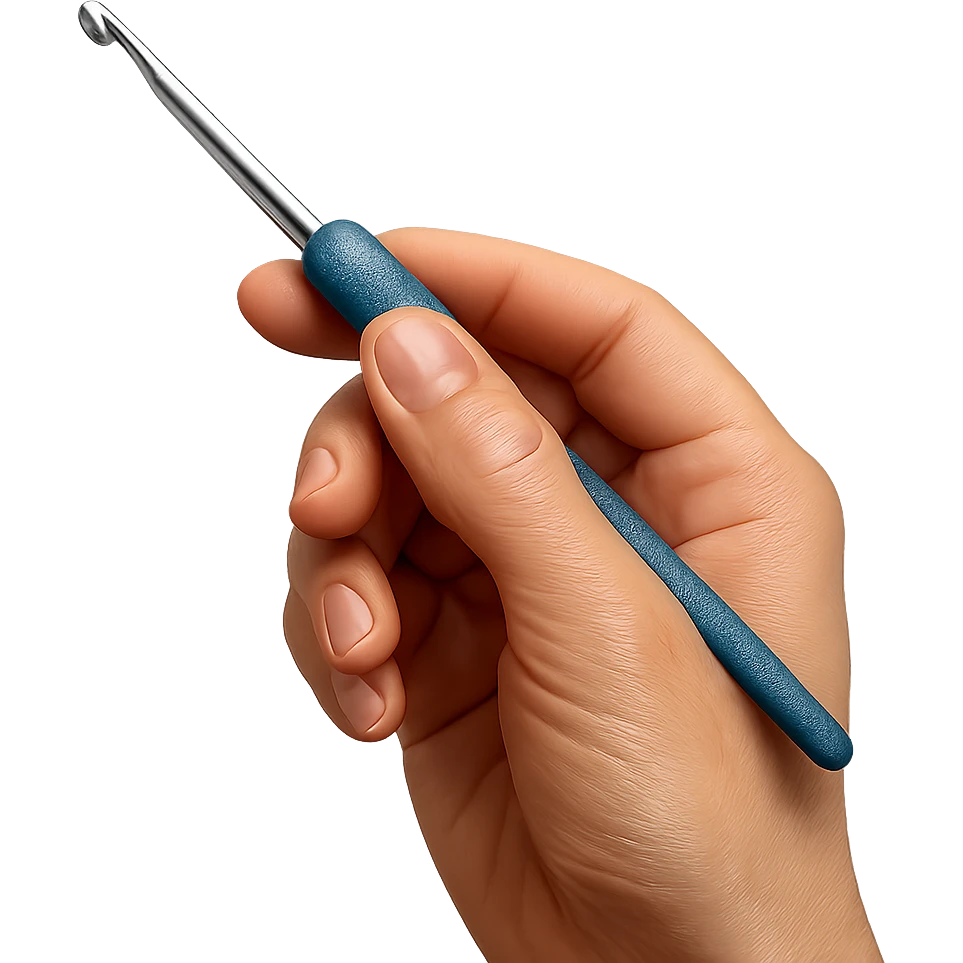 realistic crochet hook in hand, lifelike skin and metal emoji