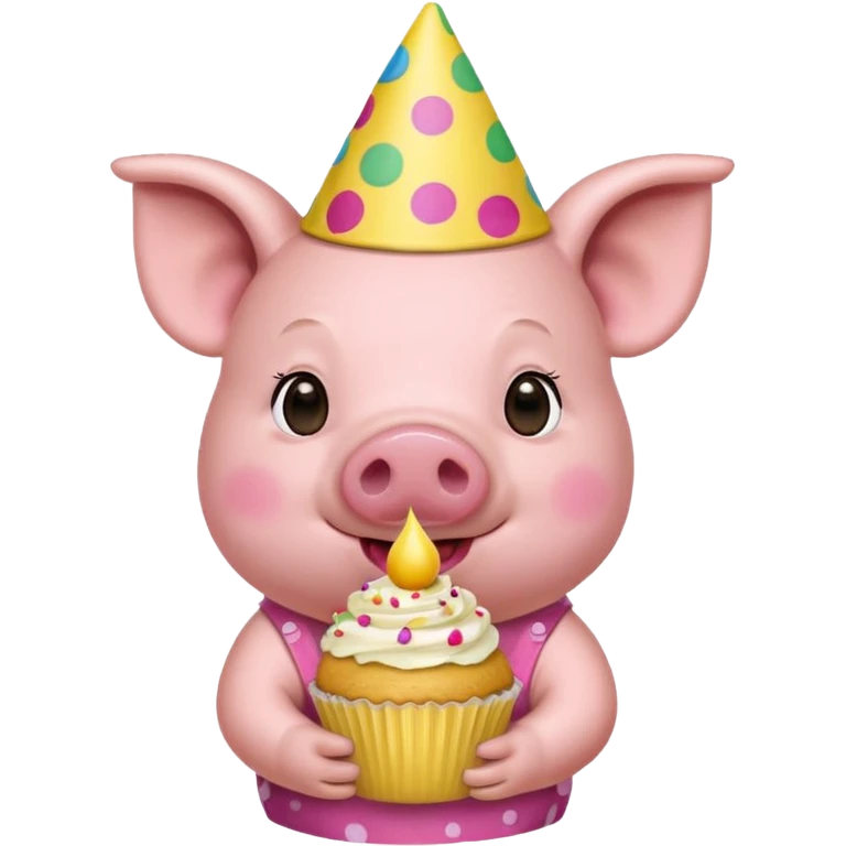 Pig with  yellow aloha shirt, birthday hat, holding a cupcake emoji