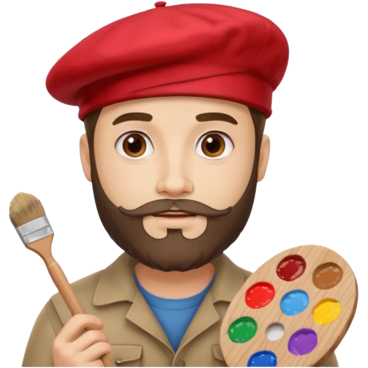 man artist with beard, wearing red beret and painter emoji