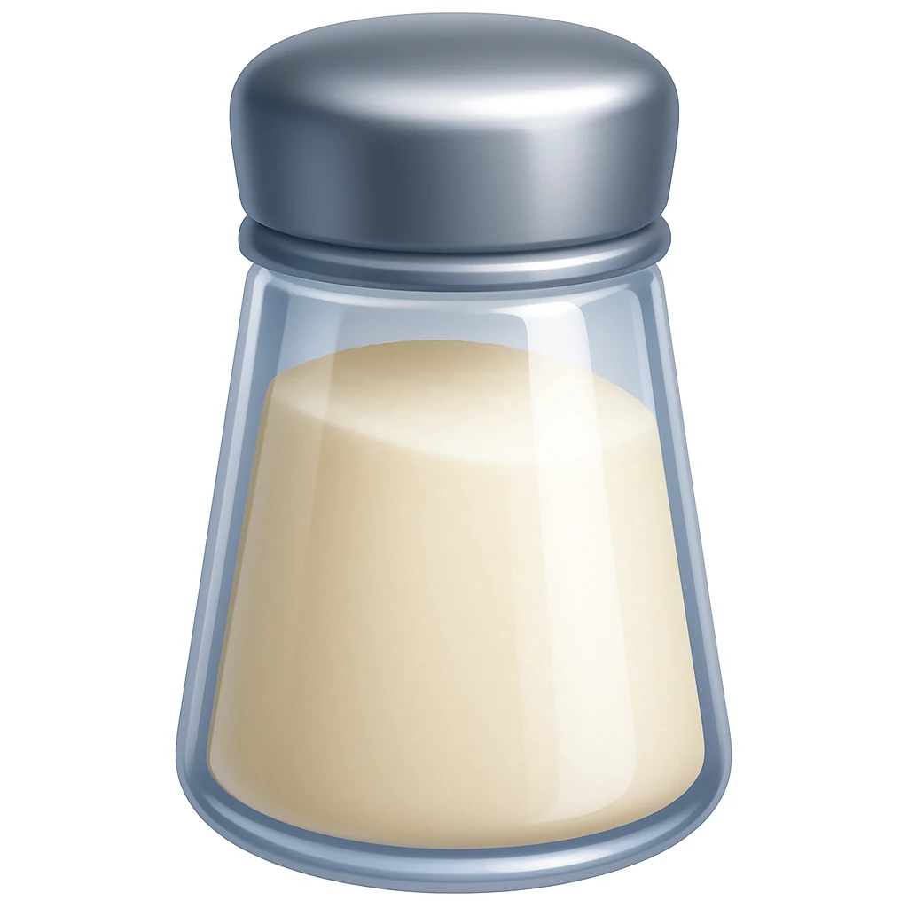 Create a salt emoji that looks exactly like the reference image in iOS emoji style. The emoji should be 3D with shiny, smooth gradients, soft shadows, and a realistic salt shaker shape with a metallic lid. No face on the shaker. Add a glossy effect to the glass. emoji