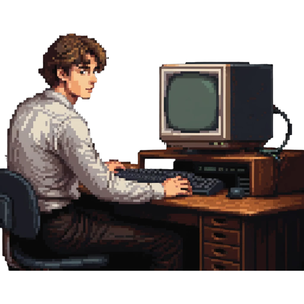 Young man sitting at desk with vintage desktop computer with large CRT monitor emoji