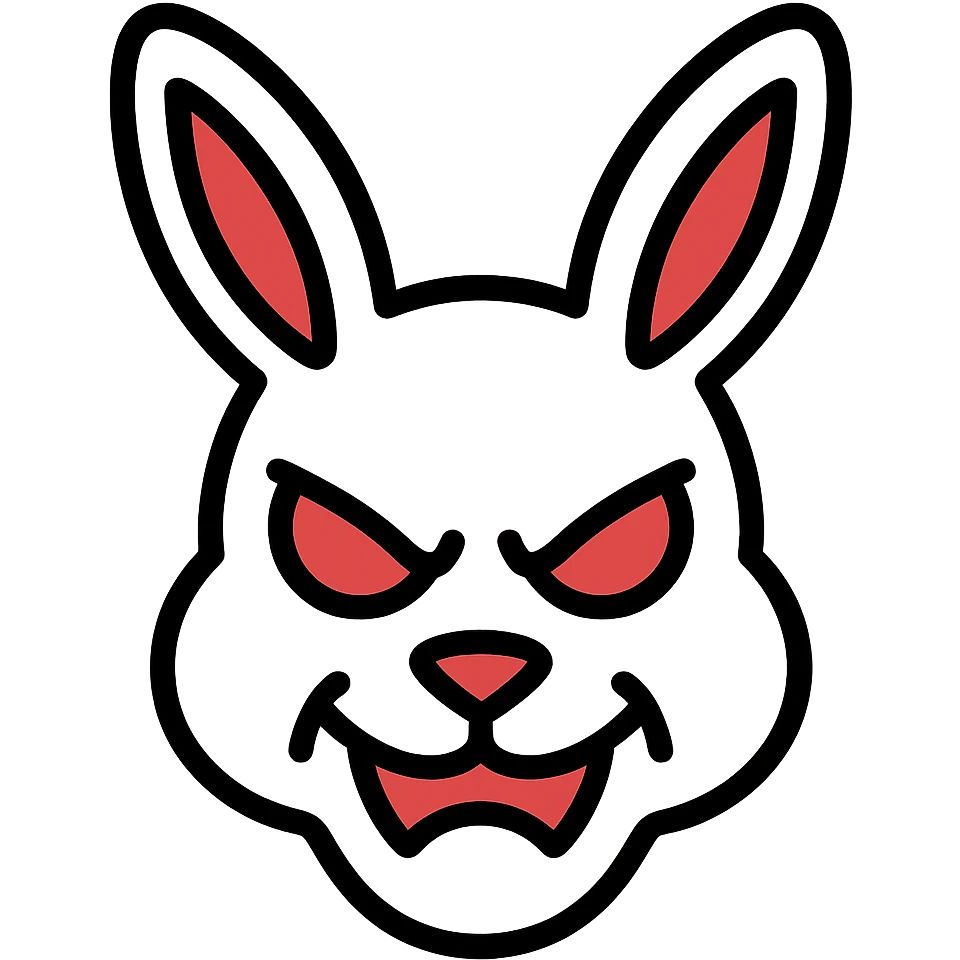 intricate white rabbit mask with red accents, evil expression emoji