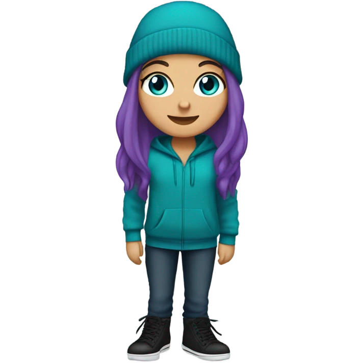White girl, blue eyes, long teal hair, purple beanie hat, black hoodie, blue jeans, black shoes emoji