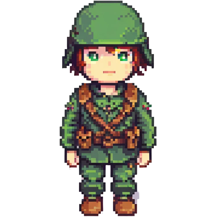 pixel art soldier, green uniform, helmet, simple style, retro video game character emoji