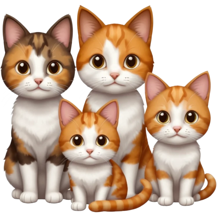 3 different coloured small cats including a dark brown tabby and white, and a patchy calico, and a ginger and white emoji