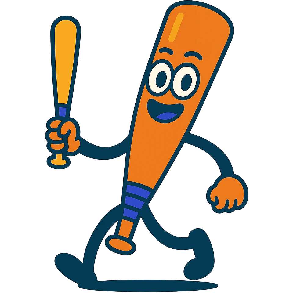 fun and lively baseball bat character with eyes, legs, and one hand holding a smaller bat emoji