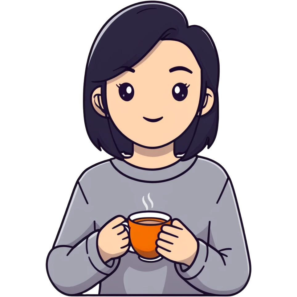 white girl with black hair, self care moment, holding a cup of tea, relaxed emoji