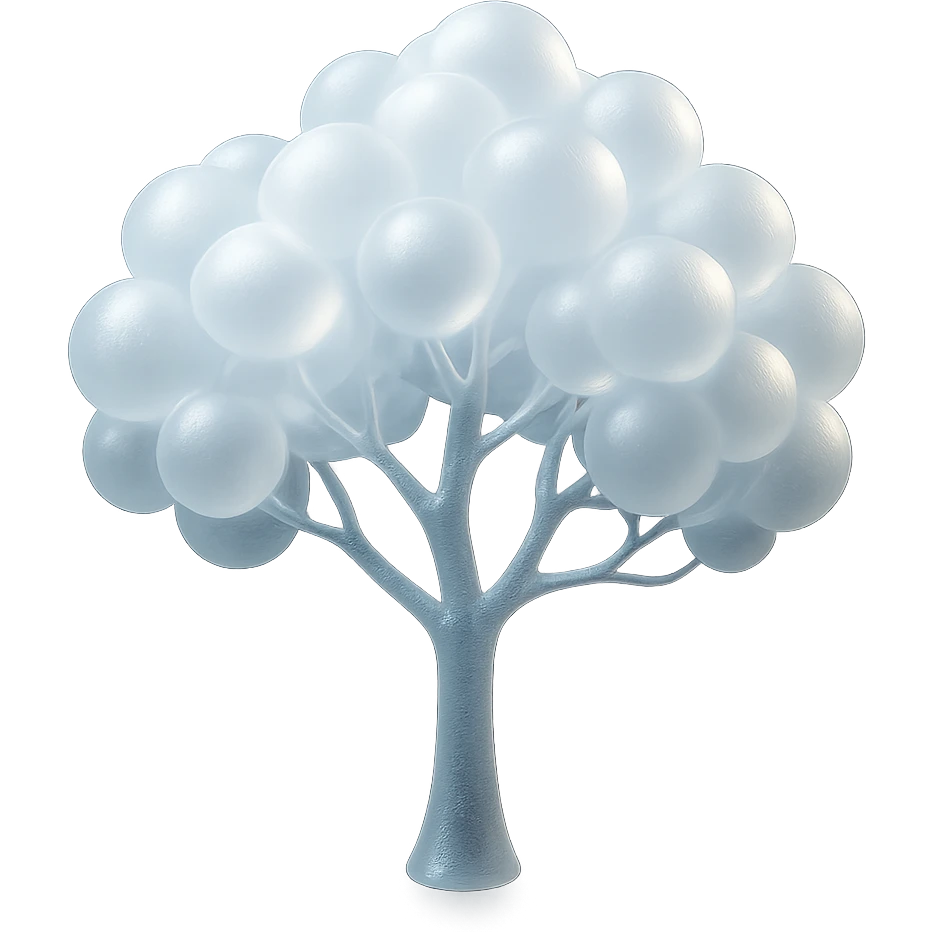 one tree with many branches and a white trunk, crown made of small very bright white fluffy convex clouds, matte glass style emoji