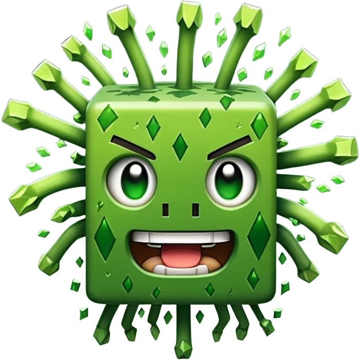 A green pixelated creeper from Minecraft, with a menacing grin and explosive particles around it, in a simple emoji style. emoji