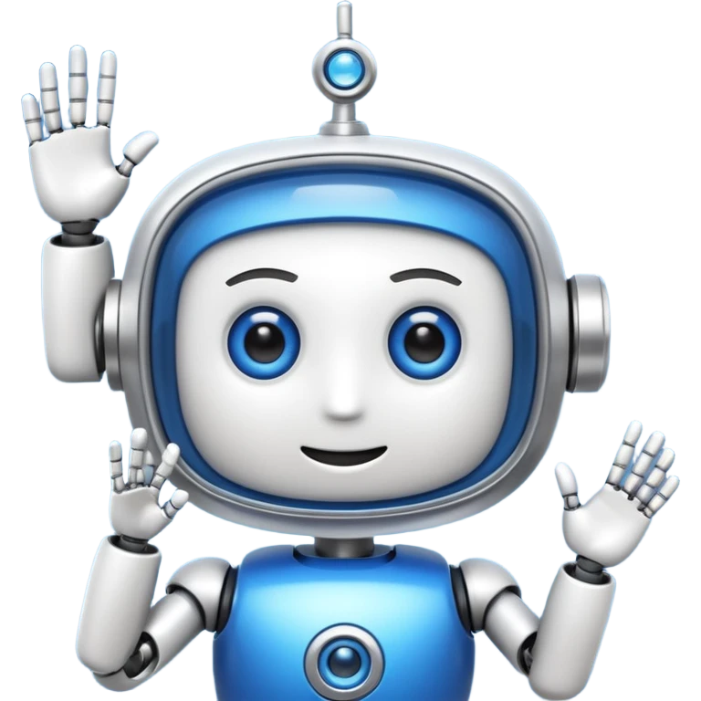 robo azul e branco sorrindo e piscando com um olho só, fazendo um sinal de posito com uma das mãos emoji